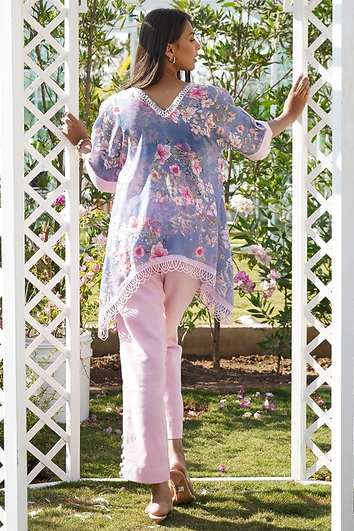 Blue Linen Floral Printed Kaftan Set For Girls by Mei & Zu at Pernia's Pop Up Shop