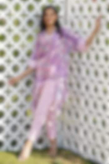 Lilac Linen Floral Printed Kaftan Set For Girls by Mei & Zu at Pernia's Pop Up Shop