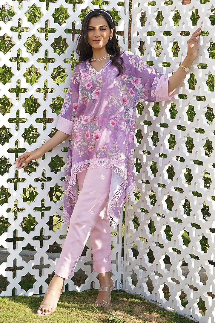 Lilac Linen Floral Printed Kaftan Set For Girls by Mei & Zu at Pernia's Pop Up Shop
