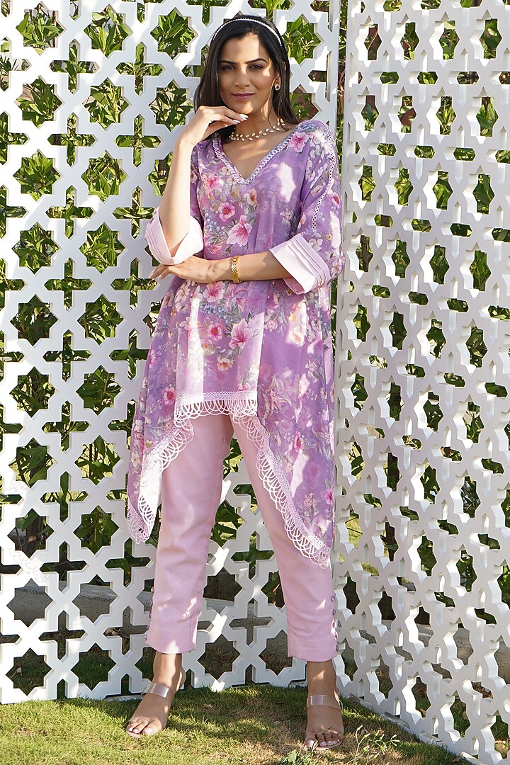 Lilac Linen Floral Printed Kaftan Set For Girls by Mei & Zu at Pernia's Pop Up Shop