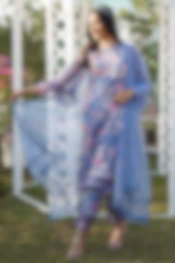 Blue Linen Floral Printed Kurta Set For Girls by Mei & Zu at Pernia's Pop Up Shop