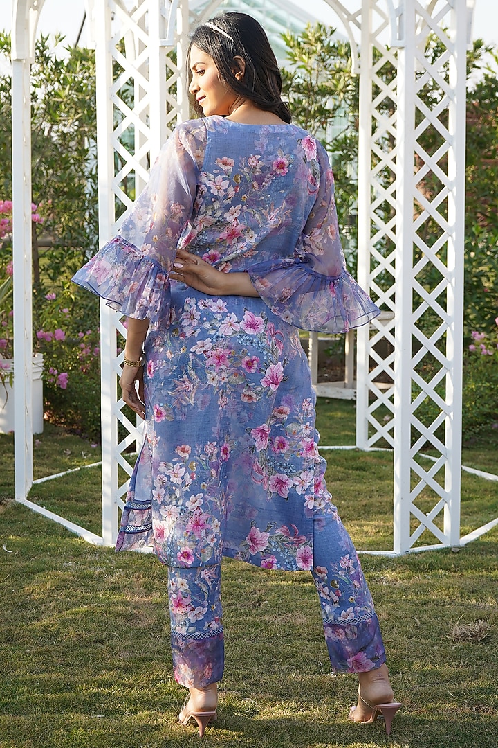 Blue Linen Floral Printed Kurta Set For Girls by Mei & Zu at Pernia's Pop Up Shop