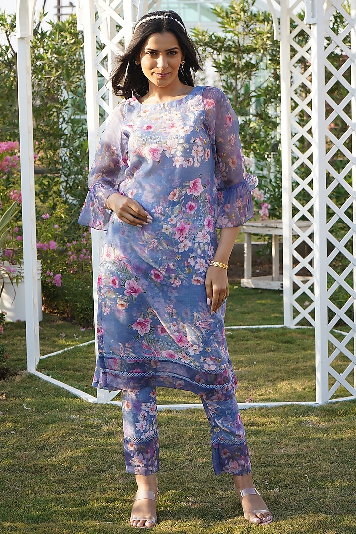 Blue Linen Floral Printed Kurta Set For Girls by Mei & Zu at Pernia's Pop Up Shop