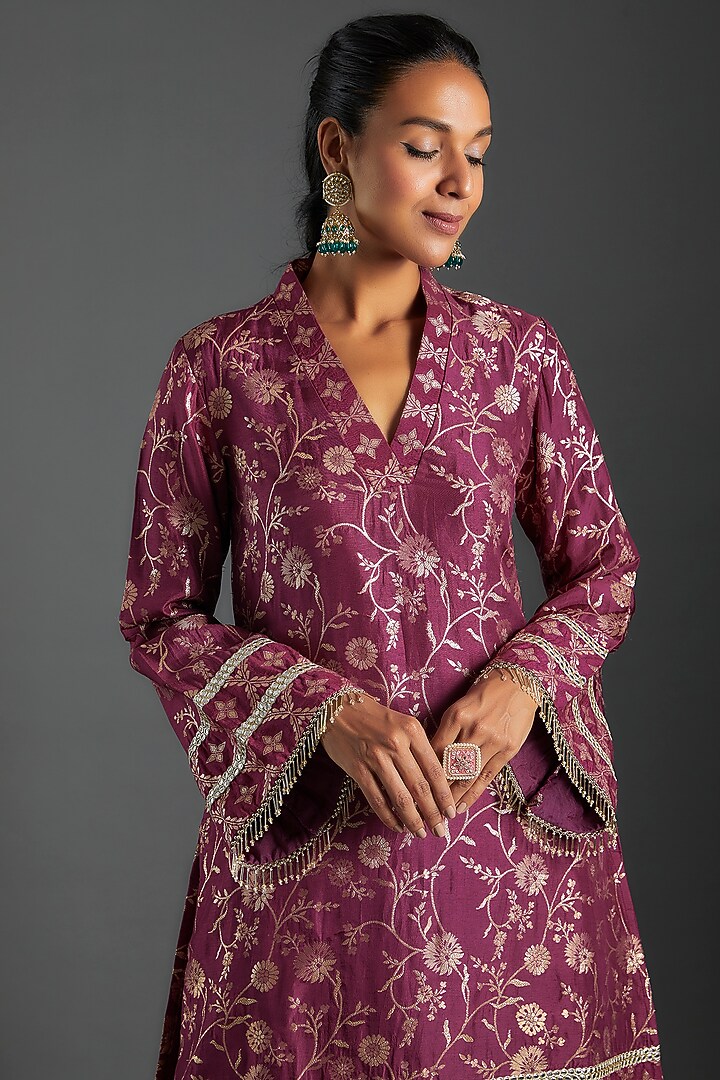 Purple Brocade Kurta Set For Girls by Mei & Zu at Pernia's Pop Up Shop