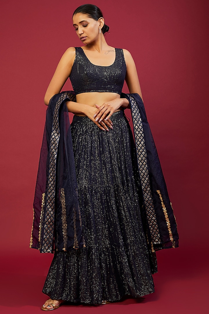Midnight Blue Georgette Embroidered Lehenga Set For Girls by Mei & Zu