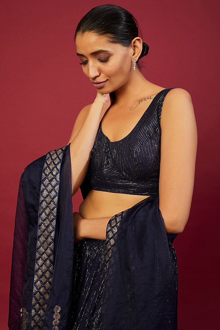 Midnight Blue Georgette Embroidered Lehenga Set For Girls by Mei & Zu at Pernia's Pop Up Shop