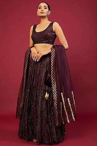 Wine Georgette Embroidered Lehenga Set For Girls by Mei & Zu