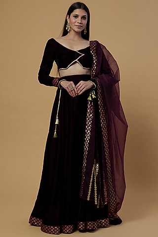 Wine Embroidered Lehenga Set For Girls by Mei & Zu