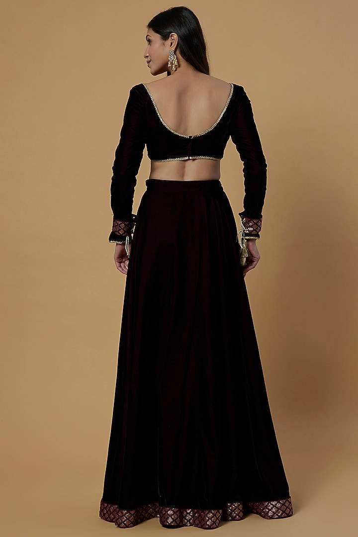 Wine Embroidered Lehenga Set For Girls by Mei & Zu at Pernia's Pop Up Shop