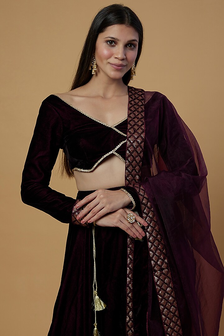 Wine Embroidered Lehenga Set For Girls by Mei & Zu at Pernia's Pop Up Shop