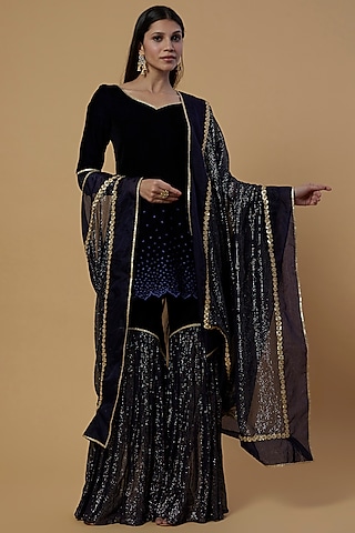 Midnight Blue Shimmer Georgette Sharara Set For Girls by Mei & Zu