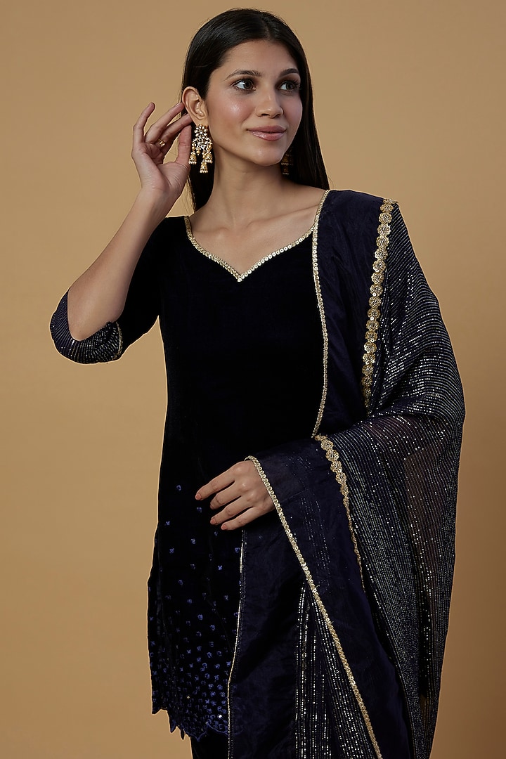 Midnight Blue Shimmer Georgette Sharara Set For Girls by Mei & Zu at Pernia's Pop Up Shop