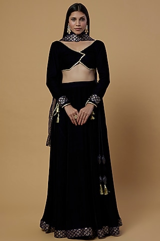 Midnight Blue Embroidered Lehenga Set For Girls by Mei & Zu