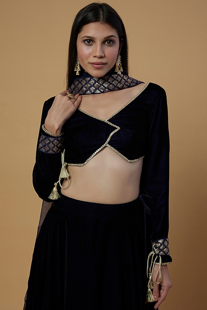 Midnight Blue Embroidered Lehenga Set For Girls by Mei & Zu at Pernia's Pop Up Shop