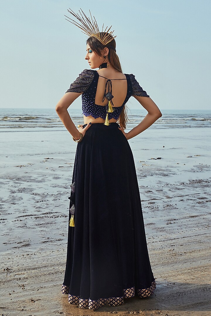Deep Midnight Blue Embroidered Lehenga Set For Girls by Mei & Zu at Pernia's Pop Up Shop