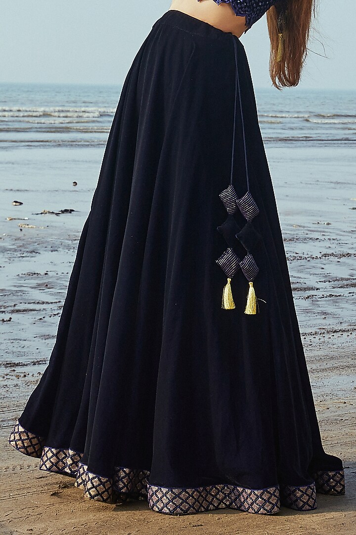 Deep Midnight Blue Embroidered Lehenga Set For Girls by Mei & Zu at Pernia's Pop Up Shop