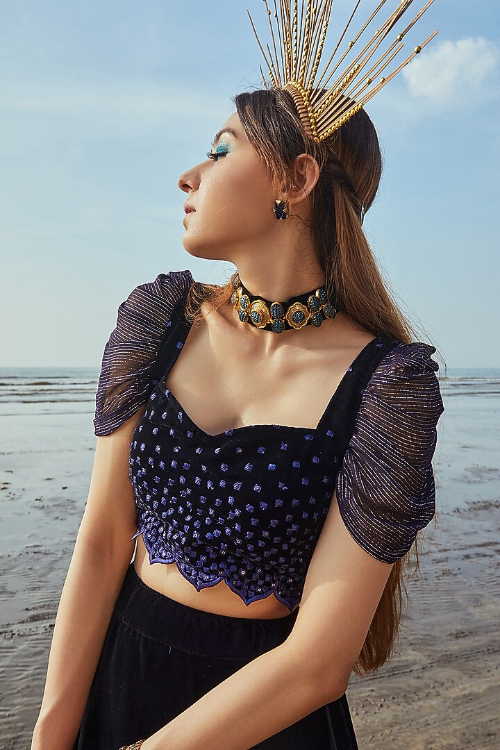 Deep Midnight Blue Embroidered Lehenga Set For Girls by Mei & Zu at Pernia's Pop Up Shop