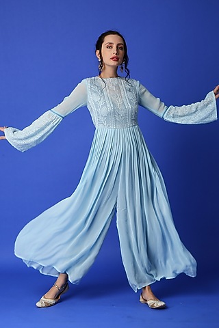 Ice Blue Georgette Jumpsuit For Girls by Mei & Zu