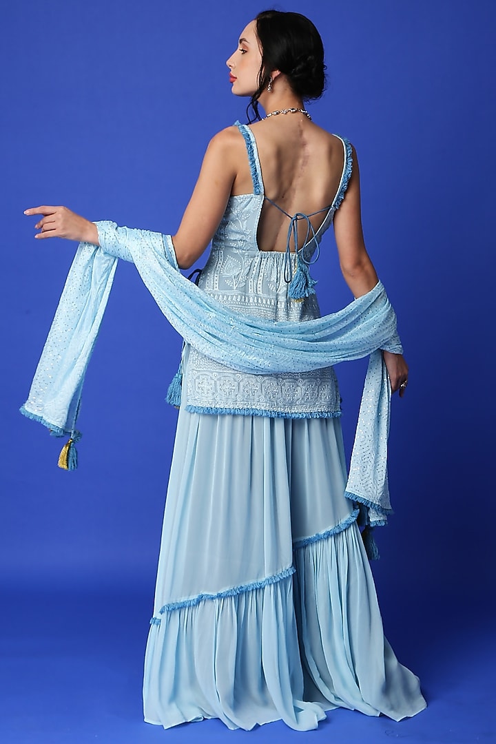 Ice Blue Georgette Chikankari Lehenga Set For Girls by Mei & Zu at Pernia's Pop Up Shop