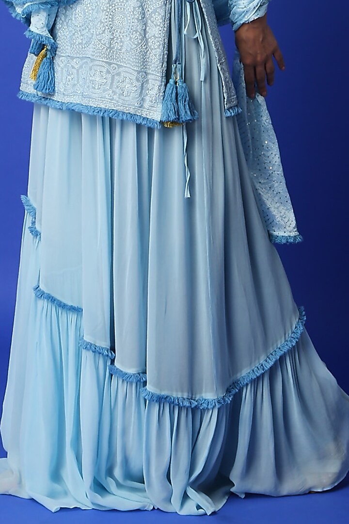 Ice Blue Georgette Chikankari Lehenga Set For Girls by Mei & Zu at Pernia's Pop Up Shop