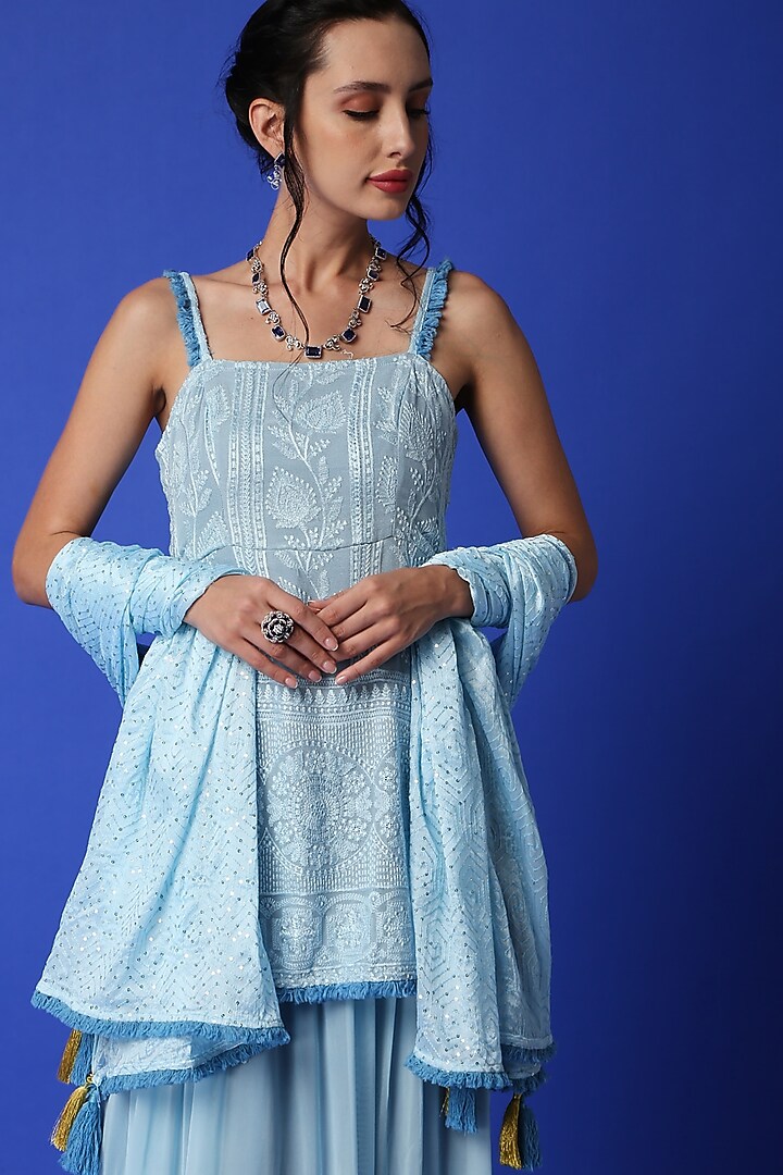 Ice Blue Georgette Chikankari Lehenga Set For Girls by Mei & Zu at Pernia's Pop Up Shop