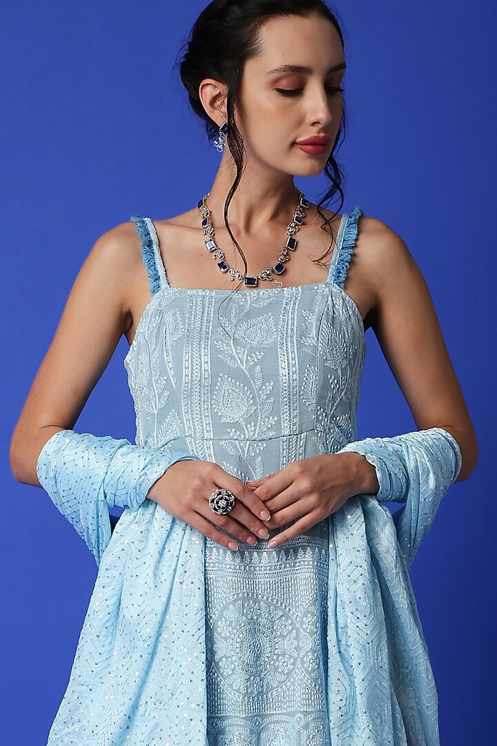 Ice Blue Georgette Lehenga Set For Girls by Mei & Zu at Pernia's Pop Up Shop