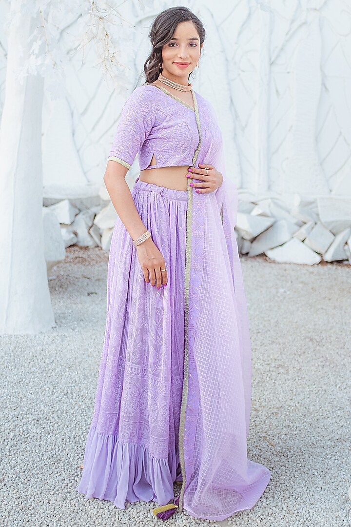 Purple Embroidered Lehenga Set For Girls by Mei & Zu at Pernia's Pop Up Shop