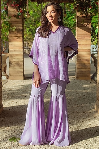 Purple Georgette Sharara Set For Girls by Mei & Zu