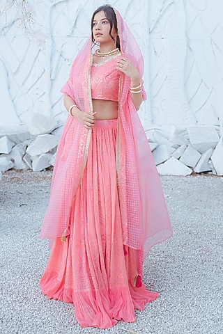 Peach Chikankari & Georgette Lehenga Set For Girls by Mei & Zu