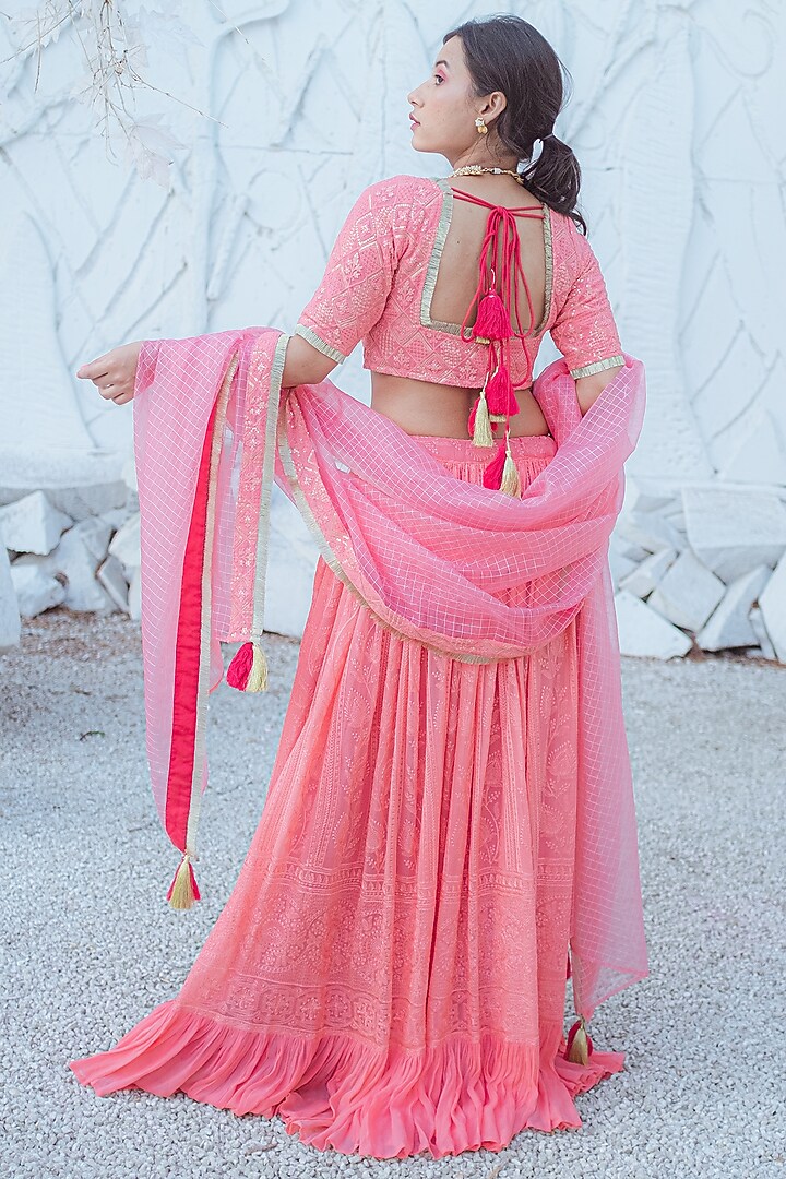 Peach Chikankari & Georgette Lehenga Set For Girls by Mei & Zu at Pernia's Pop Up Shop