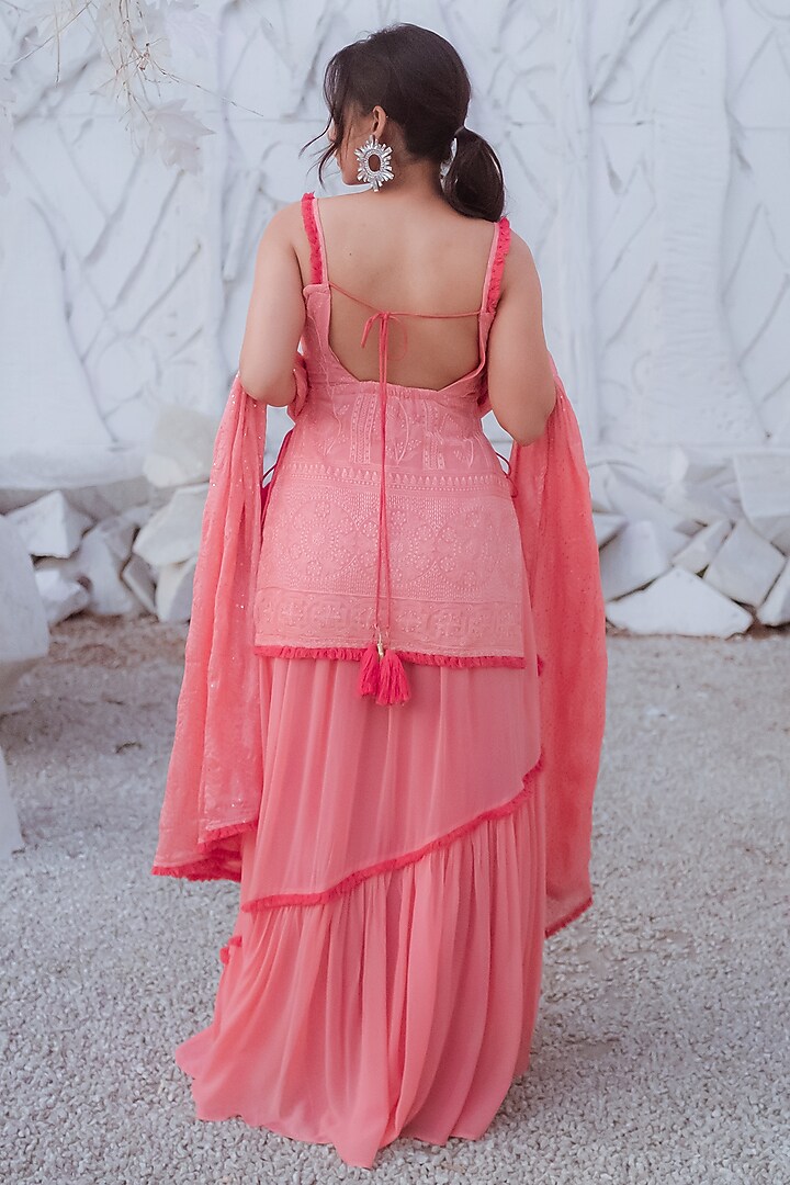 Peach Chikankari Skirt Set For Girls by Mei & Zu at Pernia's Pop Up Shop