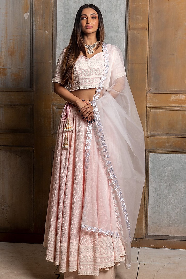 Blush Pink Embroidered Lehenga Set For Girls by Mei & Zu