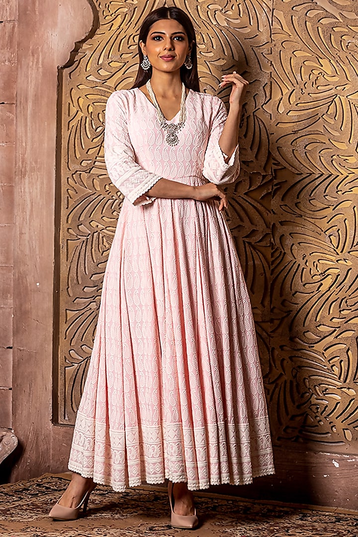 Baby Pink Embroidered Anarkali For Girls by Mei & Zu