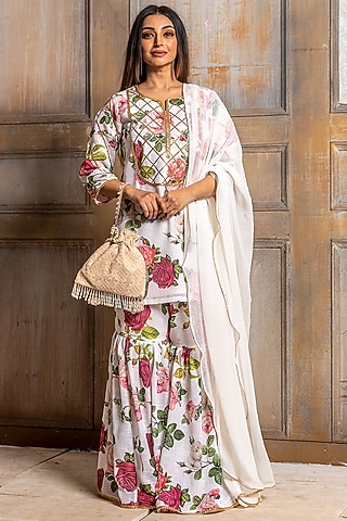 Ivory Printed Gharara Set For Girls by Mei & Zu