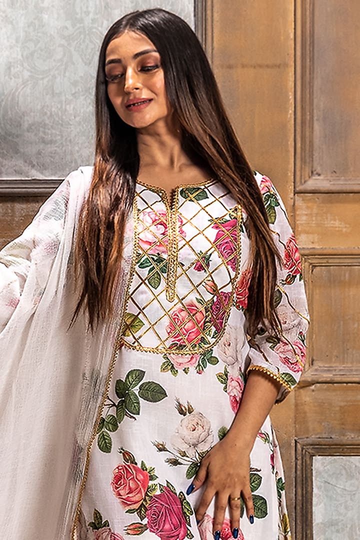 Ivory Printed Gharara Set For Girls by Mei & Zu at Pernia's Pop Up Shop