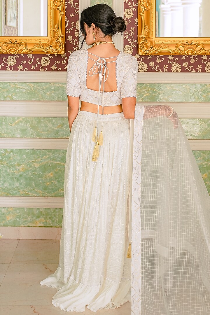 White Chikankari Lehenga Set For Girls by Mei & Zu at Pernia's Pop Up Shop