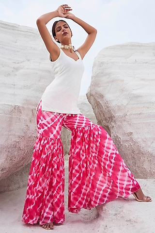 Blush Pink Leheriya Printed Sharara Set For Girls by Mei & Zu