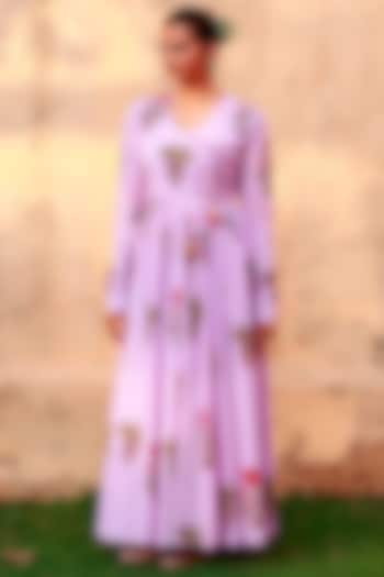 Lavender Mulmul Angrakha Dress For Girls by Mei & Zu