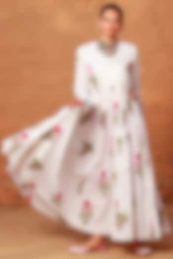 White Mulmul Angrakha Dress For Girls by Mei & Zu
