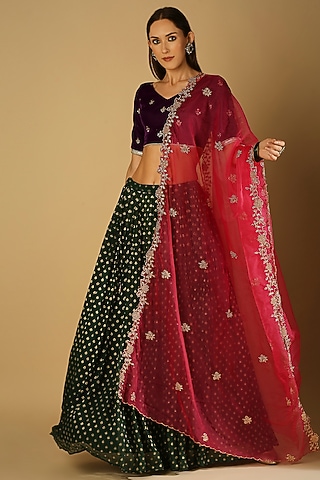 Purple Brocade Georgette Brocade Lehenga Set For Girls by Mei & Zu