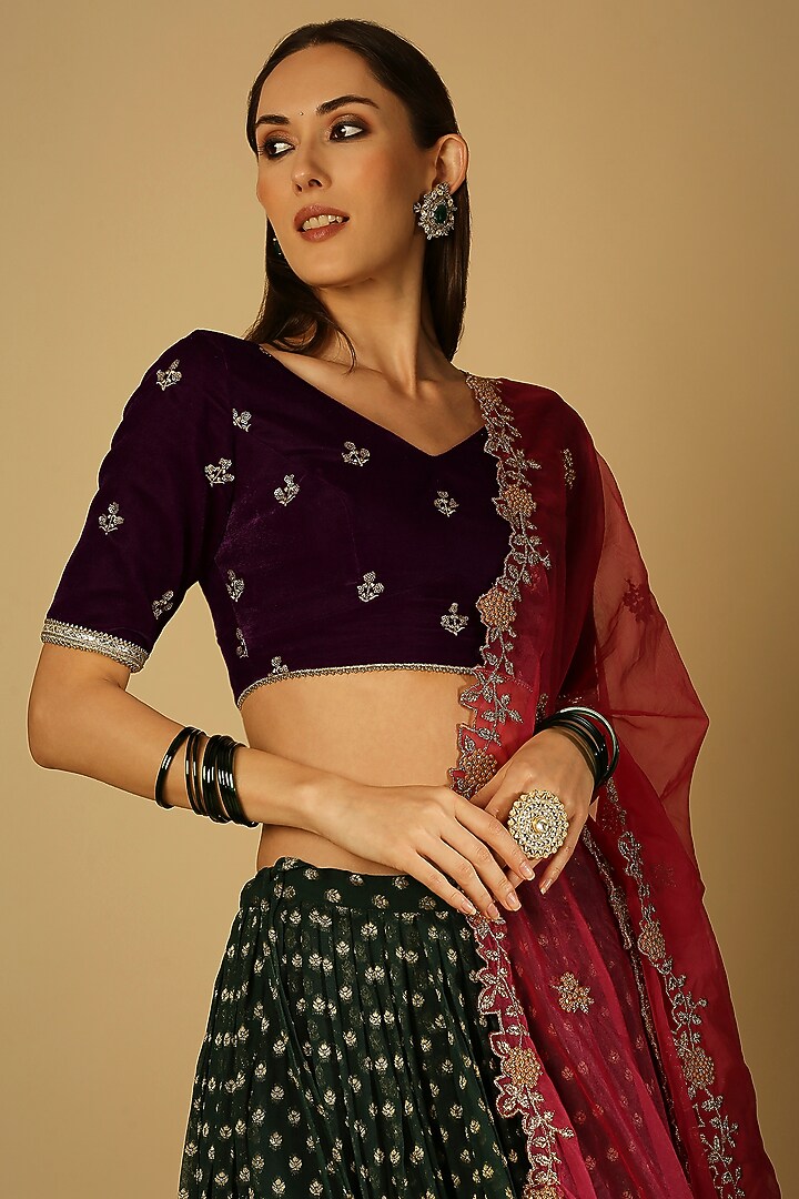 Purple Brocade Georgette Brocade Lehenga Set For Girls by Mei & Zu at Pernia's Pop Up Shop