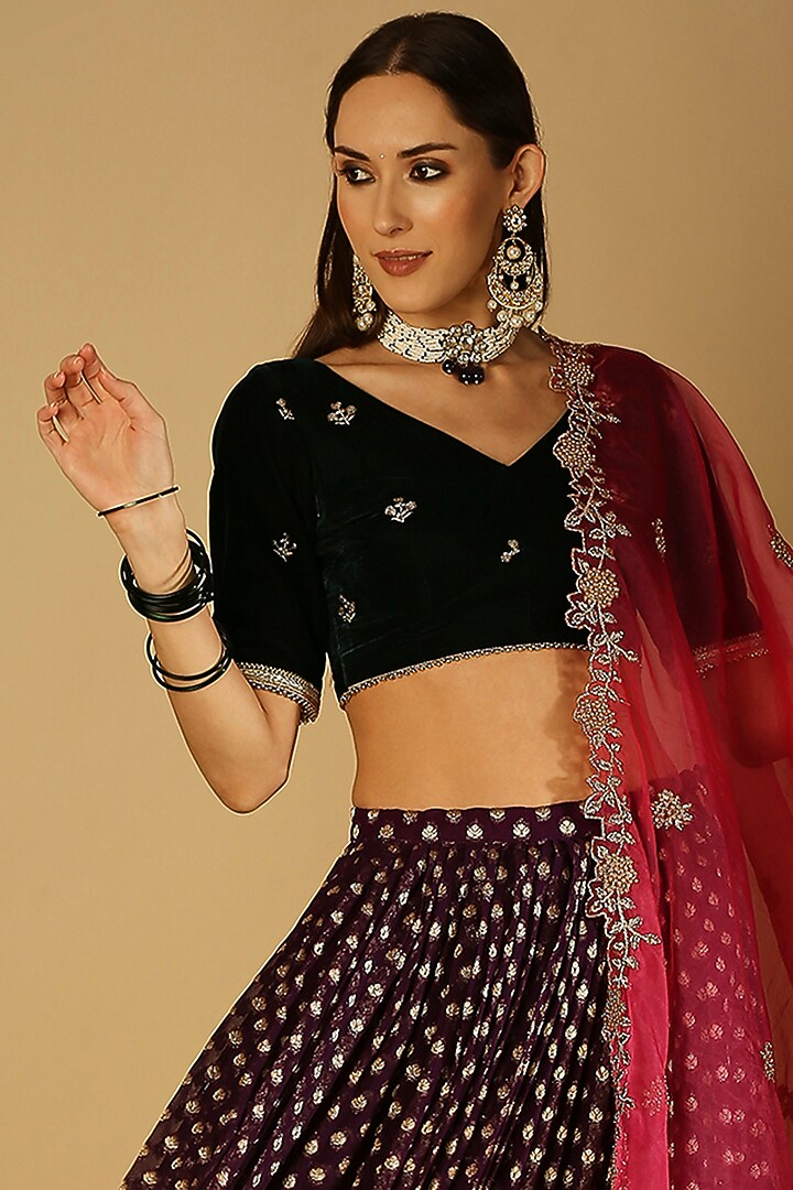 Violet Georgette Brocade Lehenga Set For Girls by Mei & Zu at Pernia's Pop Up Shop
