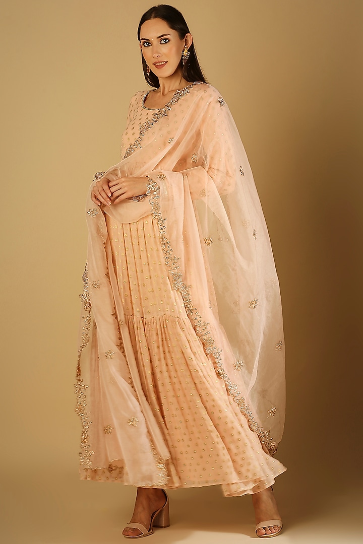 Peach Georgette Brocade Anarkali Set For Girls by Mei & Zu at Pernia's Pop Up Shop