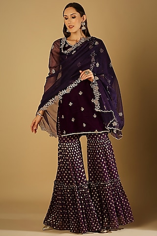 Purple Georgette Brocade Sharara Set For Girls by Mei & Zu
