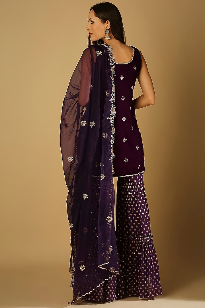 Purple Georgette Brocade Sharara Set For Girls by Mei & Zu at Pernia's Pop Up Shop