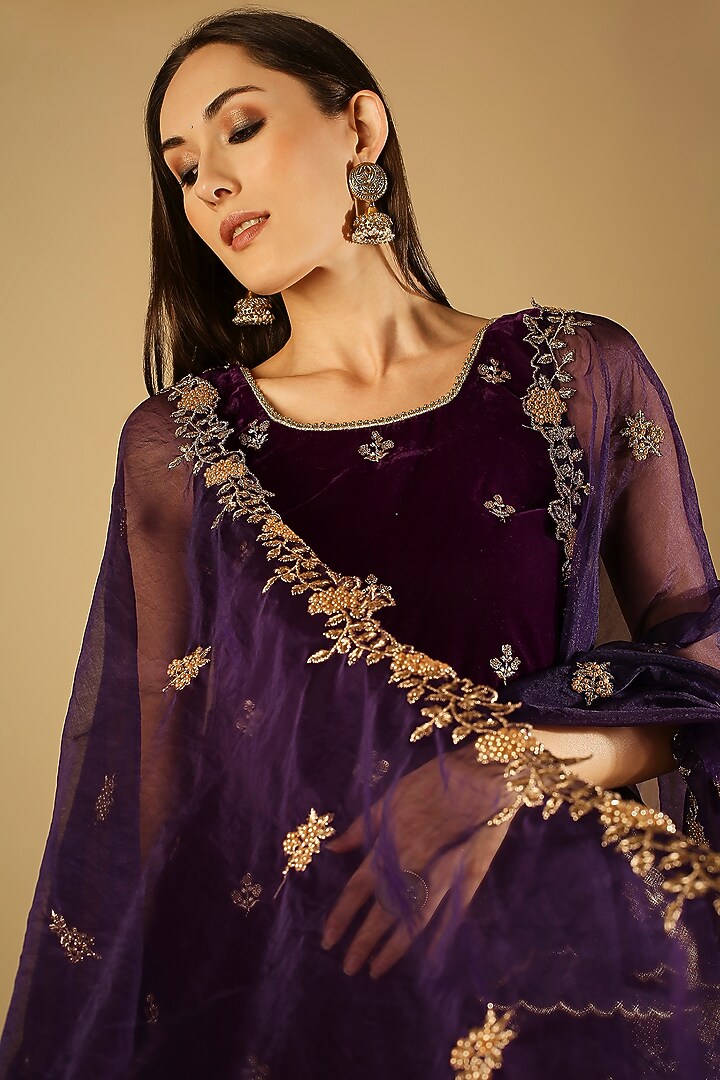 Purple Georgette Brocade Sharara Set For Girls by Mei & Zu at Pernia's Pop Up Shop