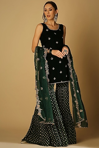 Emerald Green Georgette Brocade Sharara Set For Girls by Mei & Zu