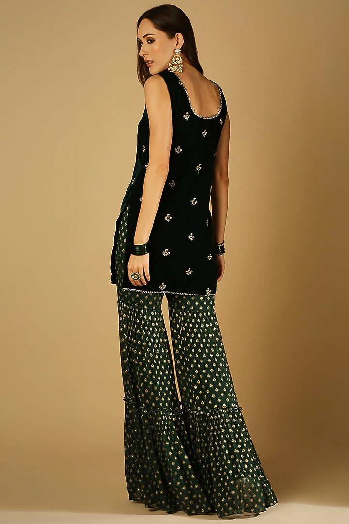 Emerald Green Georgette Brocade Sharara Set For Girls by Mei & Zu at Pernia's Pop Up Shop