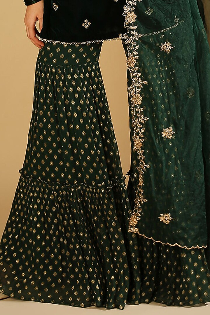 Emerald Green Georgette Brocade Sharara Set For Girls by Mei & Zu at Pernia's Pop Up Shop