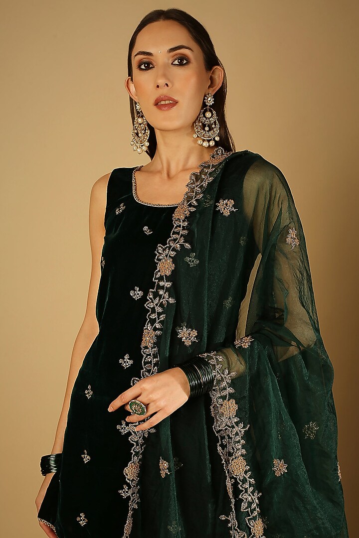 Emerald Green Georgette Brocade Sharara Set For Girls by Mei & Zu at Pernia's Pop Up Shop